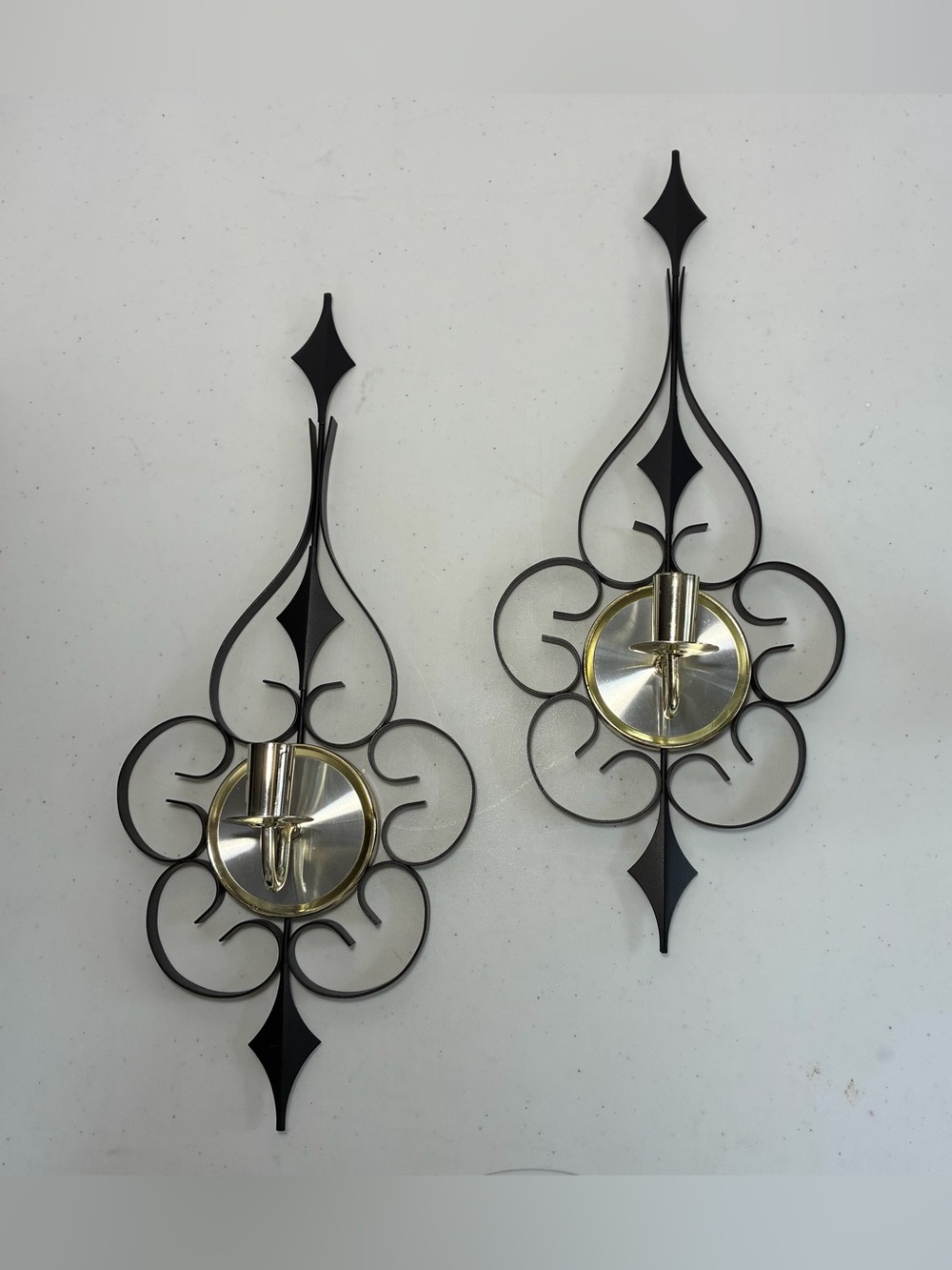 Vintage MCM Atomic Starburst Wall Sconce Set Candle Holder Black & Gold Metal